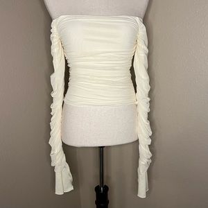 Off-the-shoulder Ruched Flare Sleeve Mesh Cream, Small──★